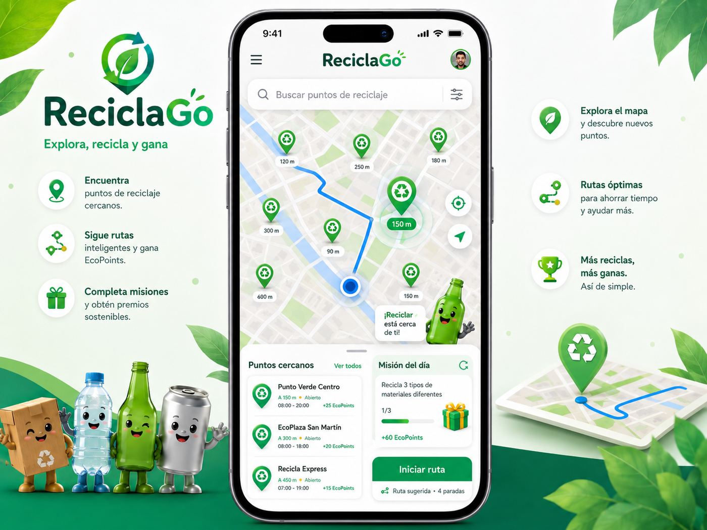 Mapa de ReciclaGo con la ruta al punto de reciclaje